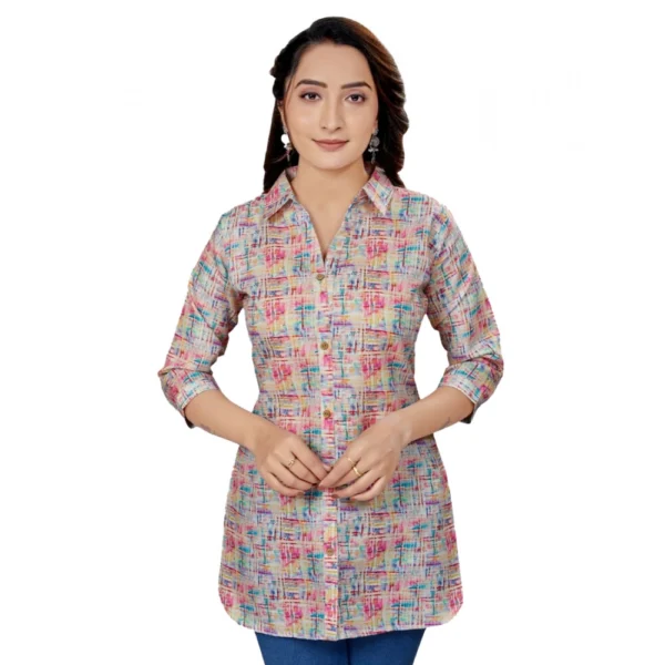 Generic Women's Cotton Blend Collared Neck 3/4 Sleeves Short Top (Multicolor)