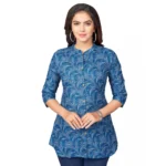 Generic Women's Cotton Blend Mandarin Collar 3/4 Sleeves Short Top (Blue)