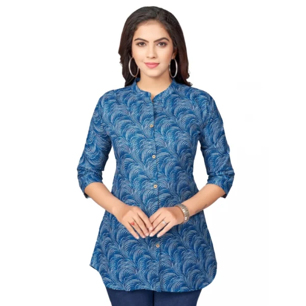 Generic Women's Cotton Blend Mandarin Collar 3/4 Sleeves Short Top (Blue)