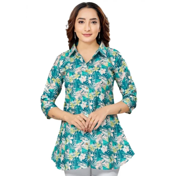 Generic Women's Cotton Blend Collared Neck 3/4 Sleeves Short Top (Green)