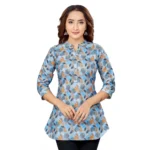 Generic Women's Cotton Blend Mandarin Collar 3/4 Sleeves Short Top (Blue)