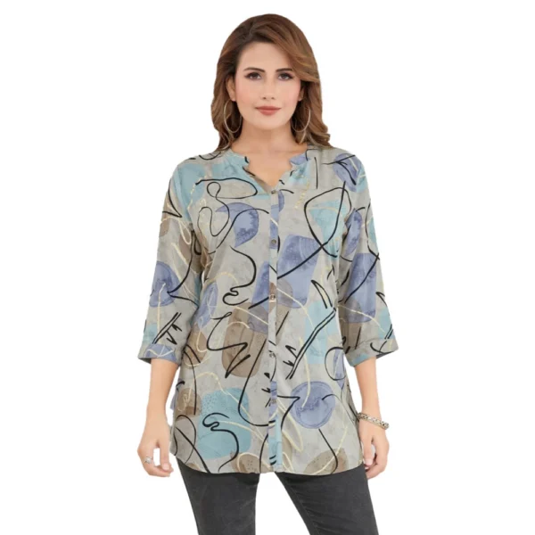 Generic Women's Rayon Mandarin Collar 3/4 Sleeves Short Top (Grey)