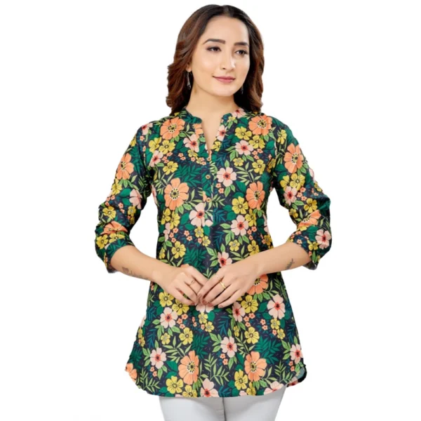 Generic Women's Cotton Blend Mandarin Collar 3/4 Sleeves Short Top (Green)