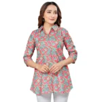 Generic Women's Cotton Blend Collared Neck 3/4 Sleeves Short Top (Teal Green)