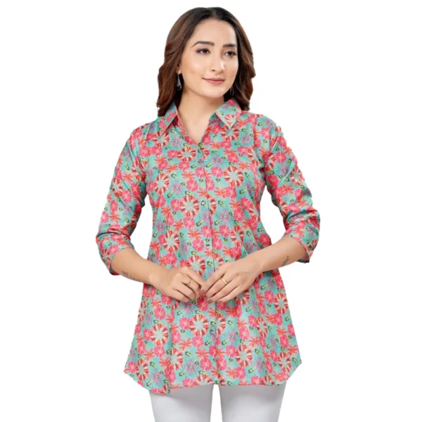 Generic Women's Cotton Blend Collared Neck 3/4 Sleeves Short Top (Teal Green)