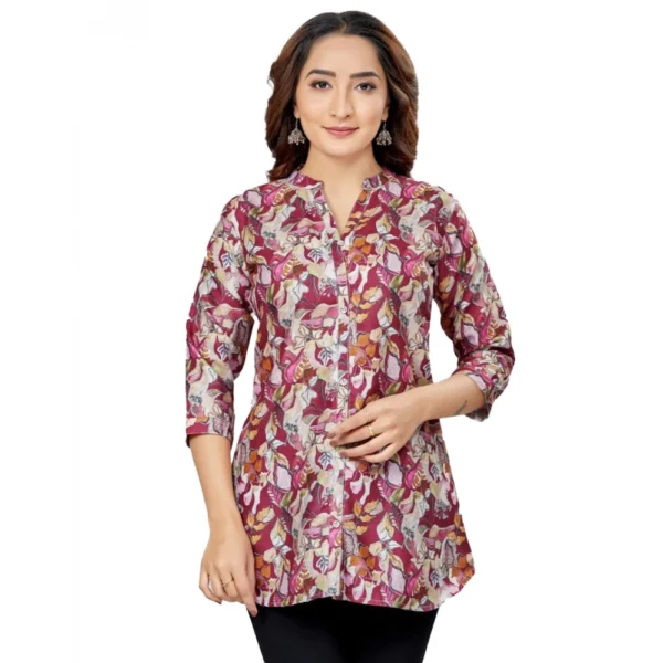 Generic Women's Cotton Blend Mandarin Collar 3/4 Sleeves Short Top (Burgundy)