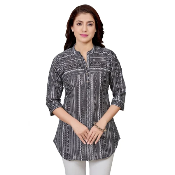 Generic Women's Cotton Blend Mandarin Collar 3/4 Sleeves Short Top (Black)