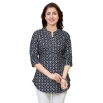 Generic Women's Poly Crepe Mandarin Collar 3/4 Sleeves Short Top (Black)