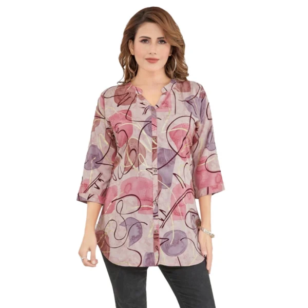 Generic Women's Rayon Mandarin Collar 3/4 Sleeves Short Top (Pink)