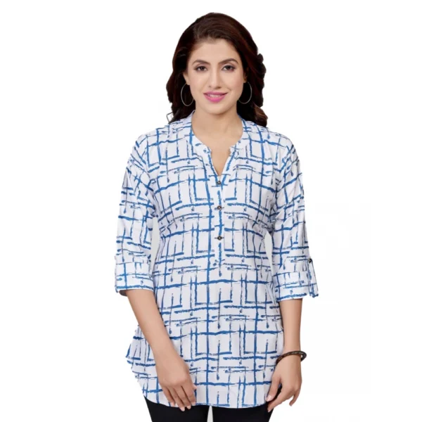 Generic Women's Poly Crepe Mandarin Collar 3/4 Sleeves Short Top (White)