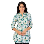 Generic Women's Poly Crepe Mandarin Collar 3/4 Sleeves Short Top (Green)