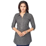 Generic Women's Cotton Blend Mandarin Collar 3/4 Sleeves Short Top (Black)