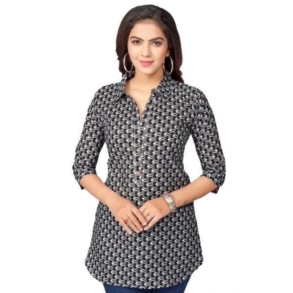 Generic Women's Cotton Blend Mandarin Collar 3/4 Sleeves Short Top (Black)