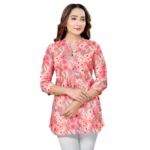 Generic Women's Cotton Blend Mandarin Collar 3/4 Sleeves Short Top (Pink)