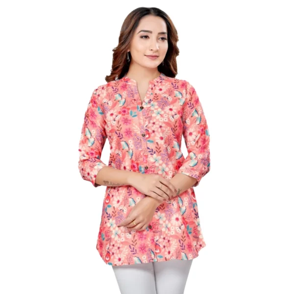 Generic Women's Cotton Blend Mandarin Collar 3/4 Sleeves Short Top (Pink)