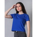 Generic Women's Cotton Solid Closure Neck Half Sleeve T-Shirt (Blue) - Image 3