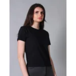 Generic Women's Cotton Solid Closure Neck Half Sleeve T-Shirt (Black) - Image 3