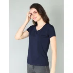 Generic Women's Cotton Blended Solid Sweetheart Half Sleeve T-Shirt (Navy) - Image 3