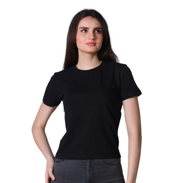Generic Women's Cotton Solid Closure Neck Half Sleeve T-Shirt (Black)