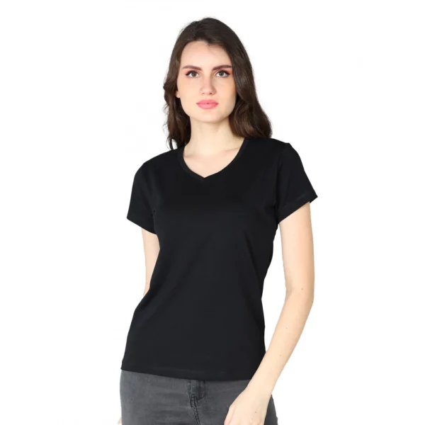 Generic Women's Cotton Blended Solid Sweetheart Half Sleeve T-Shirt (Black)