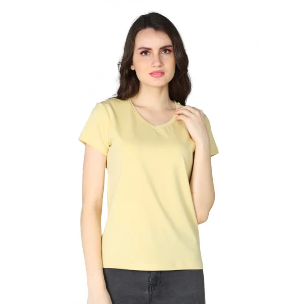 Generic Women's Cotton Blended Solid Sweetheart Half Sleeve T-Shirt (Beige)
