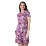 Generic Women's Cotton Blended Printed Round Neck Half Sleeve Top - Shorts Set (Purple)