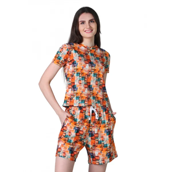 Generic Women's Cotton Blended Printed Round Neck Half Sleeve Top - Shorts Set (Orange)