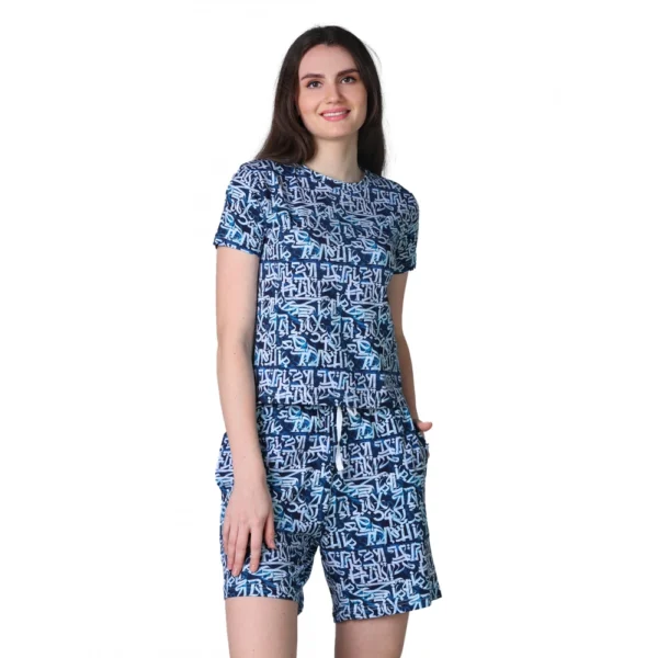 Generic Women's Cotton Blended Printed Round Neck Half Sleeve Top - Shorts Set (White-Blue)