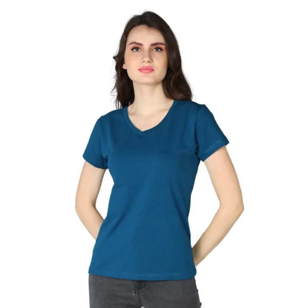 Generic Women's Cotton Blended Solid Sweetheart Half Sleeve T-Shirt (Blue)