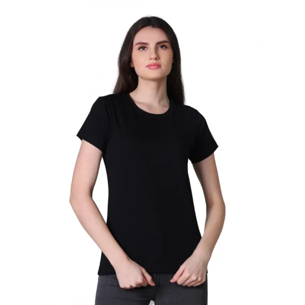 Generic Women's Cotton Blended Solid U-Neck Half Sleeve T-Shirt (Black)