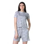Generic Women's Cotton Blended Printed Round Neck Half Sleeve Top - Shorts Set (Grey)