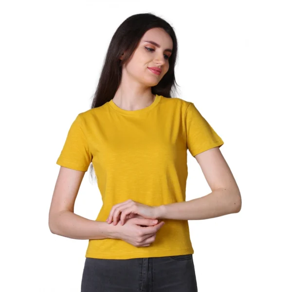 Generic Women's Cotton Solid Closure Neck Half Sleeve T-Shirt (Mustard)