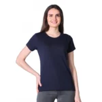 Generic Women's Cotton Blended Solid U-Neck Half Sleeve T-Shirt (Navy)