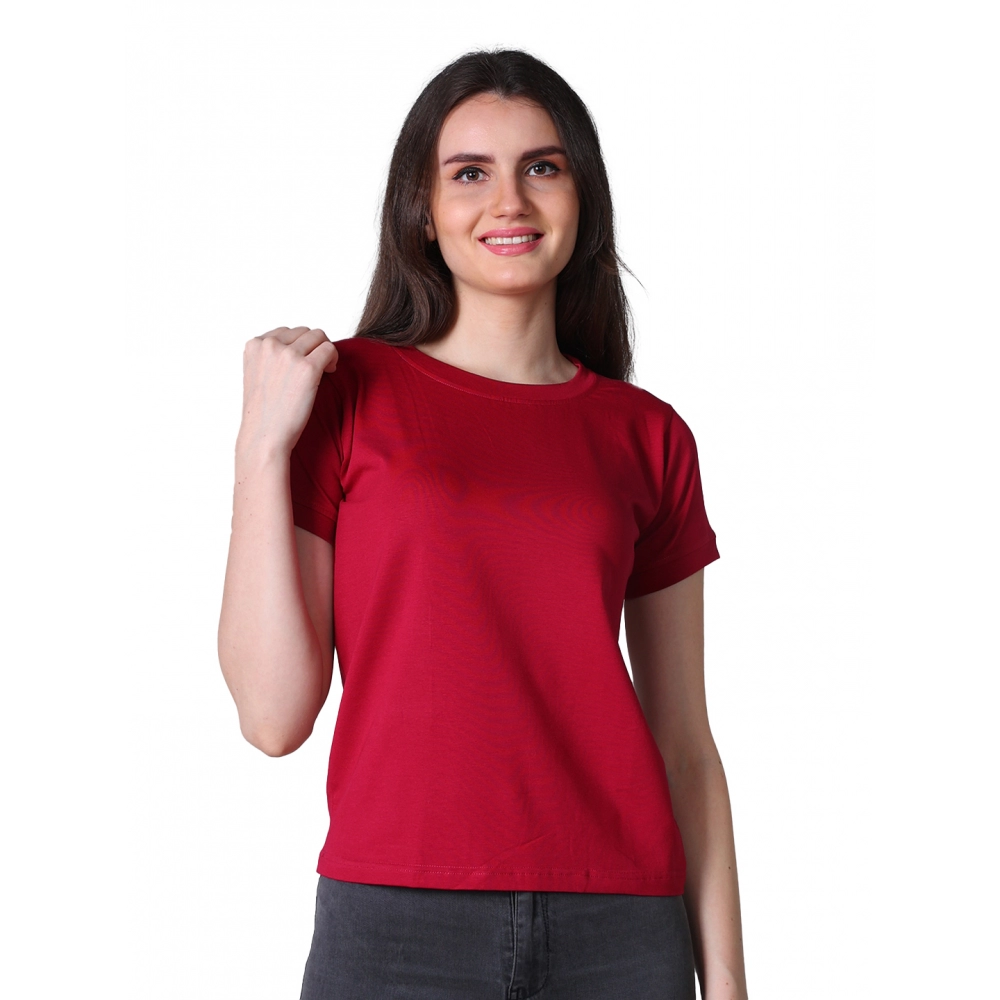 Maroon Cotton Blend Half Sleeve T-Shirt for Women