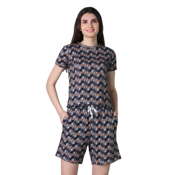 Generic Women's Cotton Blended Printed Round Neck Half Sleeve Top - Shorts Set (Blue-Brown)