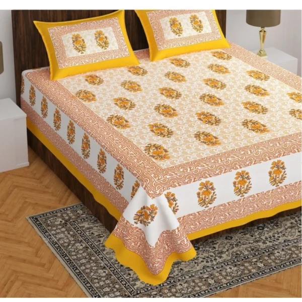 Generic Cotton Printed Queen Size Bedsheet With 2 Pillow Covers (Yellow, 90x100 Inch)