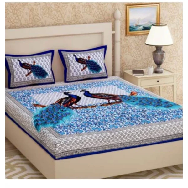 Generic Cotton Printed Queen Size Bedsheet With 2 Pillow Covers (Blue, 90x100 Inch)