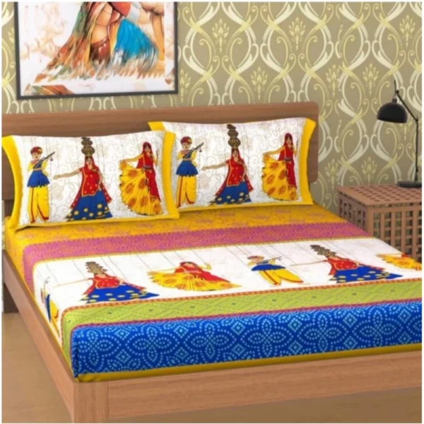 Generic Cotton Printed Queen Size Bedsheet With 2 Pillow Covers (Yellow, 90x100 Inch)