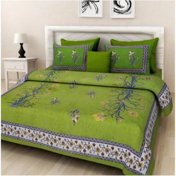 Generic Cotton Printed Queen Size Bedsheet With 2 Pillow Covers (Green, 90x100 Inch)