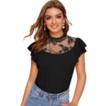 Generic Women's Polyester Solid Cap Sleeve Sweetheart Neck Top (Black)