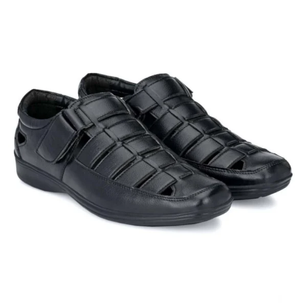 Men's Black Faux Leather Velcro Sandals