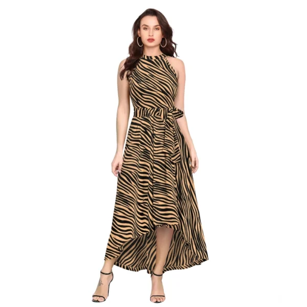 Yellow Polyester Zebra Pattern Halter Neck Sleeveless Dress