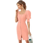 Generic Women's Knitting stretchable Solid Square Neck 3-4 Puff Sleeve Dress (Peach) - Image 2
