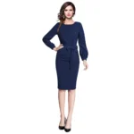 Blue Round Neck Full Sleeve Knit Dress for Women