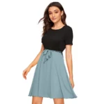 Generic Women's Knitting stretchable Solid Round Neck Cap Sleeve Dress (Pista) - Image 2