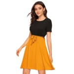 Generic Women's Knitting stretchable Solid Round Neck Cap Sleeve Dress (Yellow) - Image 2