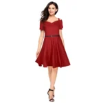 Maroon Polyester V Neck Cap Sleeve Dress