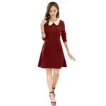 Maroon Polyester Collar 3-4th Sleeve Dress