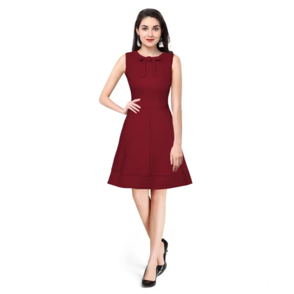 Maroon Polyester Round Neck Sleeveless Dress