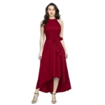 Maroon Polyester Solid Halter Neck Sleeveless Dress